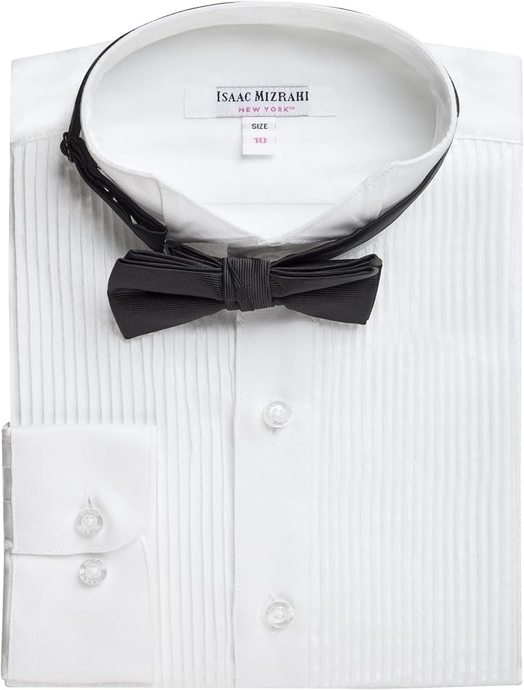 Isaac Mizrahi Boy's 100% Cotton Button Cuff & French Cuff Wing Tip Collar Tuxedo Shirt with Bowtie