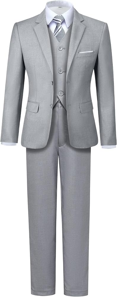 Boys' 5 Piece Formal Suit Set with Suit Jacket, Vest, Pants, Collared Dress Shirt, and Tie