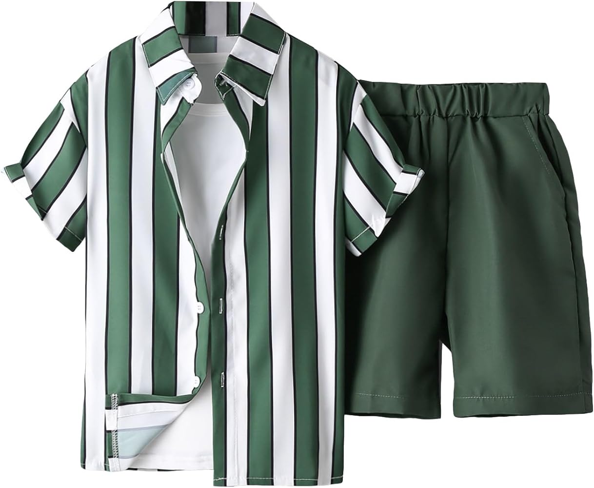 Verdusa Boy's Summer Stripe Print Short Sleeve Shirt and Shorts Set 2 Piece Outfits