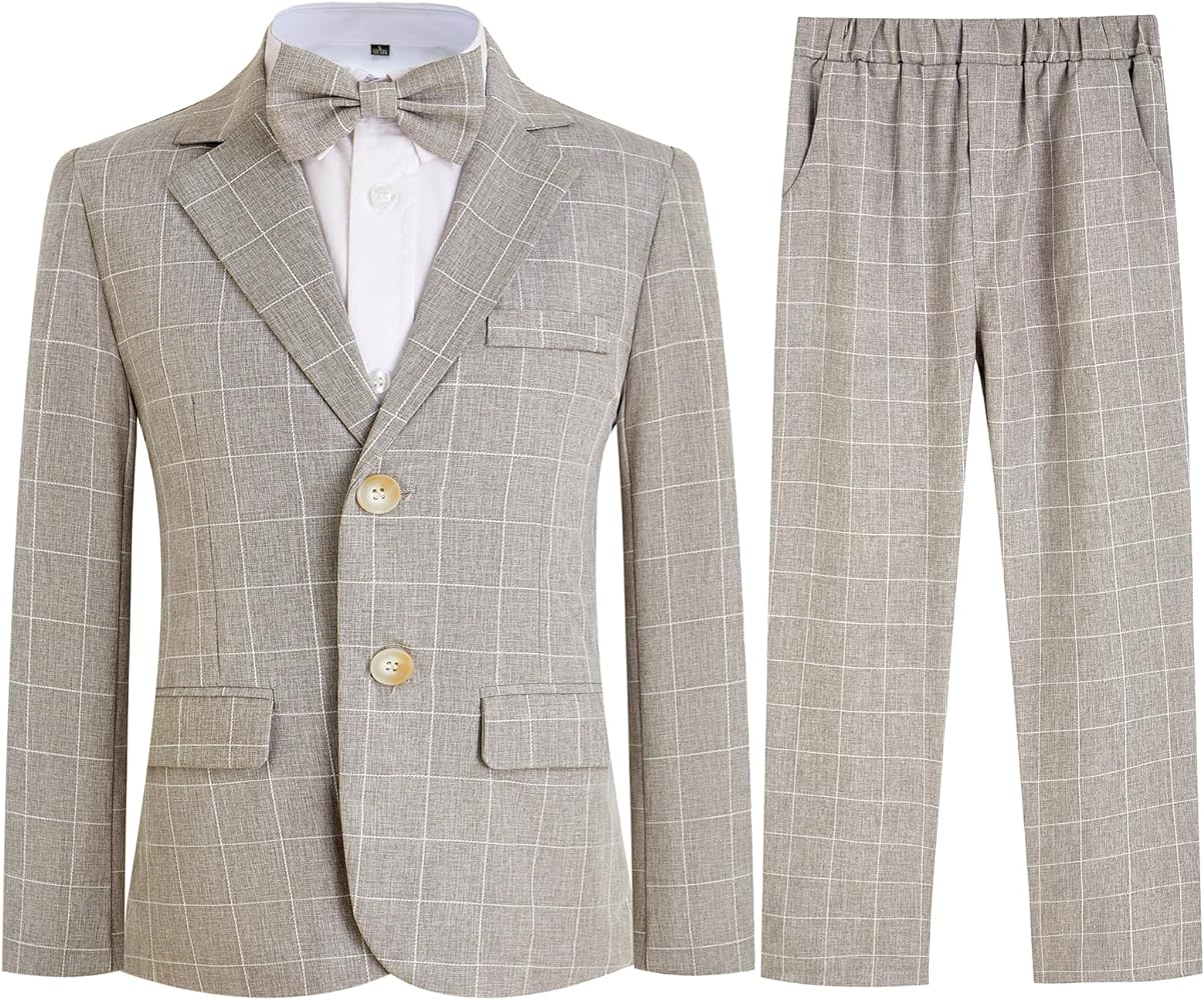 Boys Plaid Suit Set 4 Pieces Blazer Vest Pants Classic Formal Suit for Wedding Party