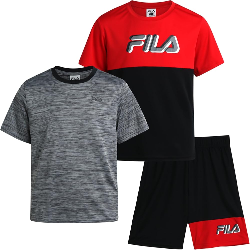 Fila Boys Shorts Set - 3 Piece Active Short Sleeve Shirts and Performance Athletic Shorts - Summer Outfit Set for Boys (4-12)