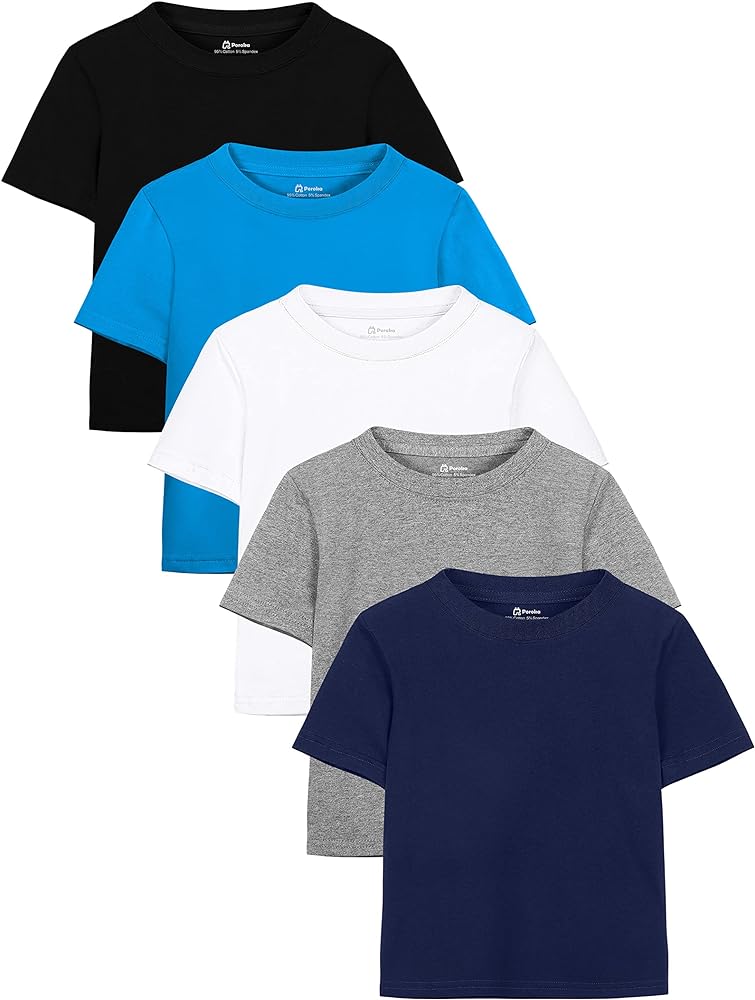 Poroka 5 Packs Children Boys' Cotton Short-Sleeve T-Shirt Solid Crew Neck Tee Short-Sleeve Shirts Cotton Tee Tops for Kids