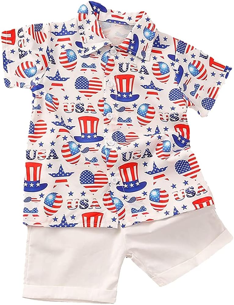 LMYOVE July 4th Toddler Little Boys Short Sleeve T-Shirt and Short Sets, Kids Independence Day Summer Outfits Clothes