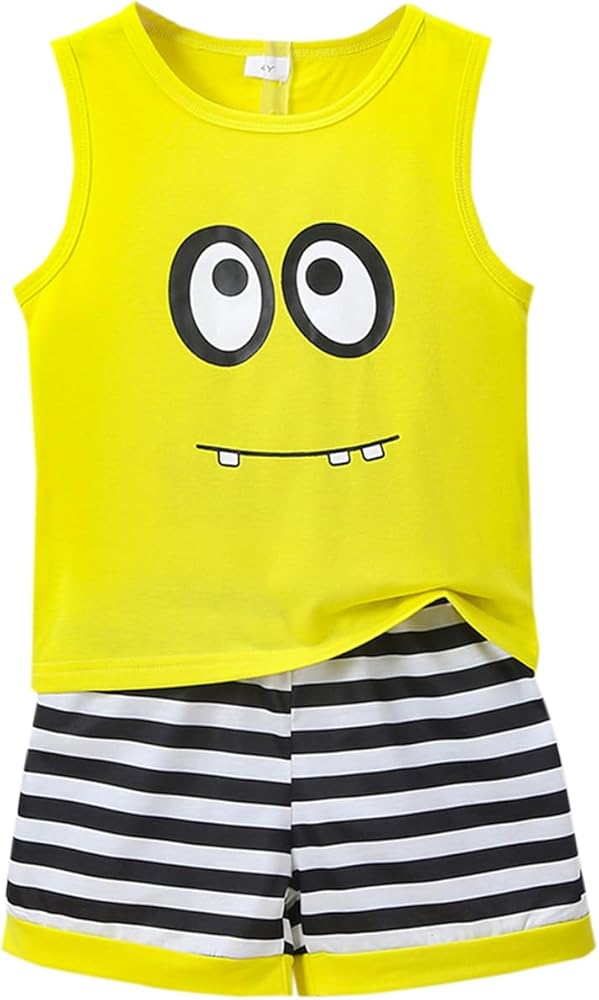 2pcs Cute Face Print Boys Creative Sleeveless Tank Tops&Striped Shorts Set, Casual Vest&Shorts, Boys Clothing,Summer