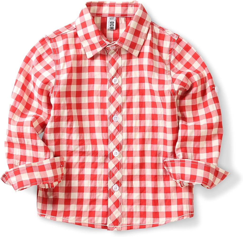 OCHENTA Boys Plaid Button Down Shirts Long Sleeve Roll Up Cotton Spring Fall Shirt Casual Tops