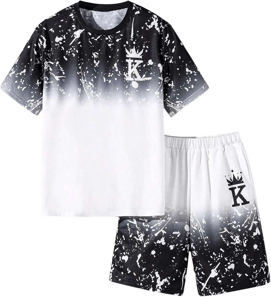 GORGLITTER Boy's 2 Piece Ombre Letter Graphic Outfit Short Sleeve T Shirt Elastic Waist Shorts Set