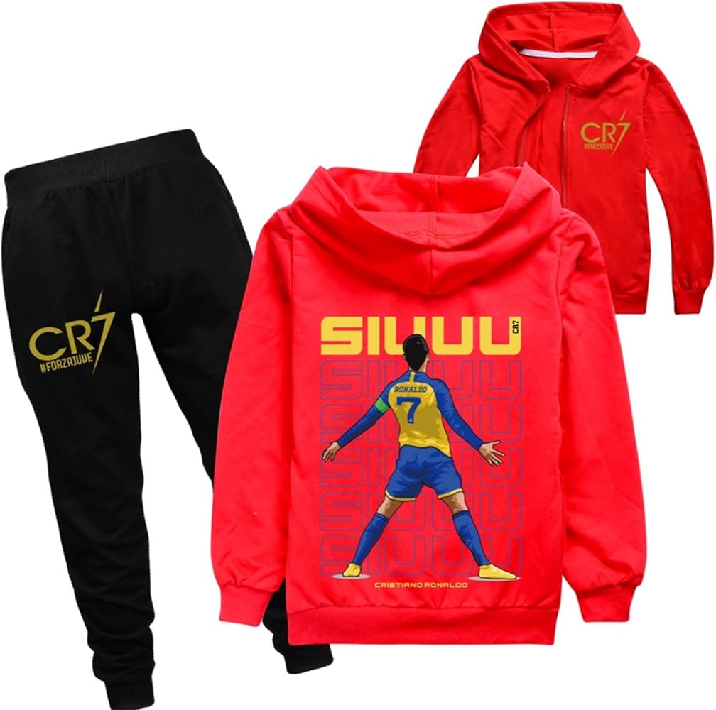 ENDOH CR7 Novelty Hooded Outfit Full Zip Lightweight Tracksuit,Kids Ronaldo Jacket and Jogger Pants 2Pcs Set(5-14Y)