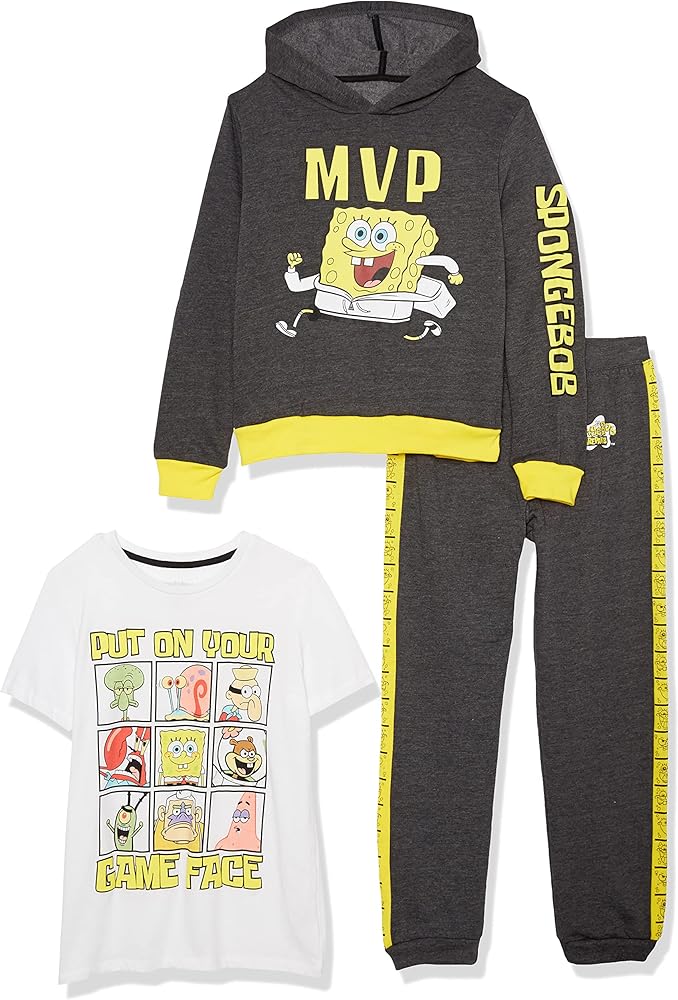 Nickelodeon Spongebob Squarepants Graphic Hoodie, T-Shirt, & Jogger Sweatpant, 3-Piece Athleisure Outfit Bundle Set-Boys 4-20