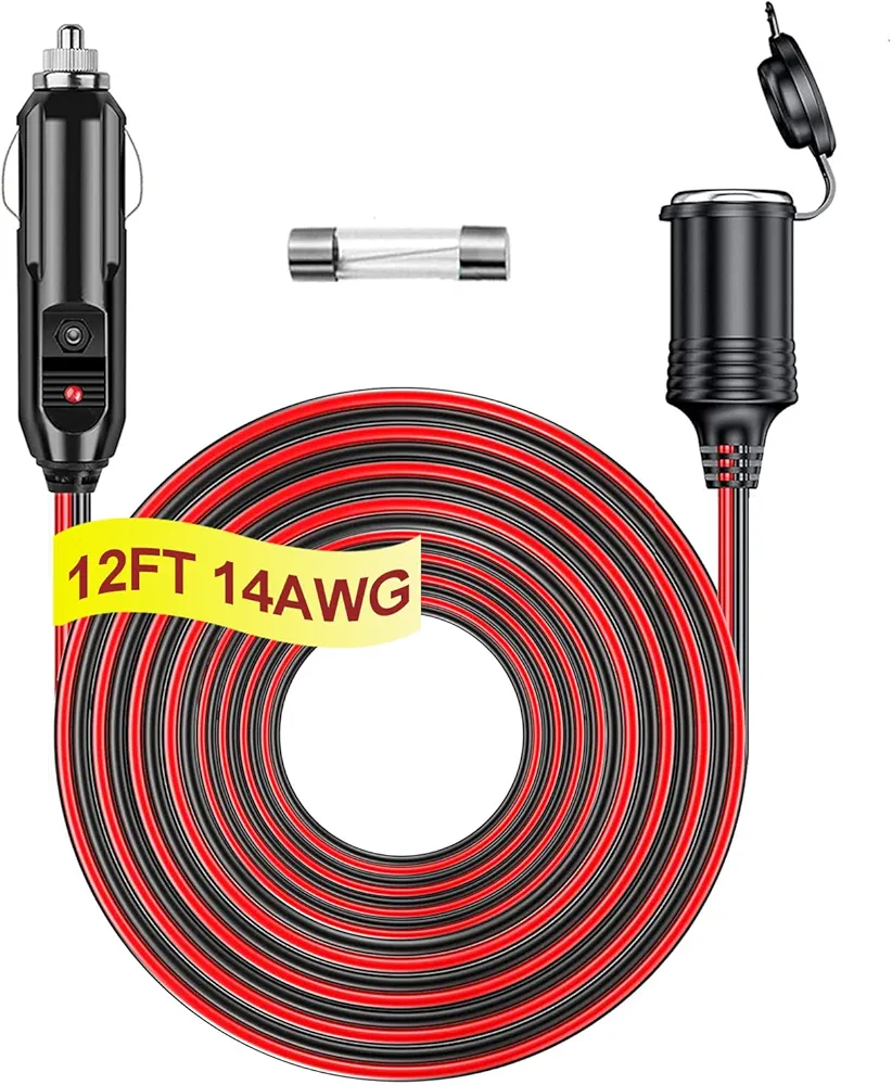 12V/24V Heavy Duty Cigarette Lighter Extension Cord 12FT 14AWG with LED Light for Car Vehicle Tire Pump Air Compressor Refrigerator Coffee Maker etc. (1*Spare Fuse)