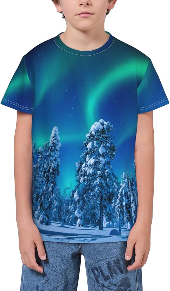 Snow Tree Night Northern Lights Youth Short Sleeve T-Shirt 3D Graphic Tee Tops Shirts for Boys Teens