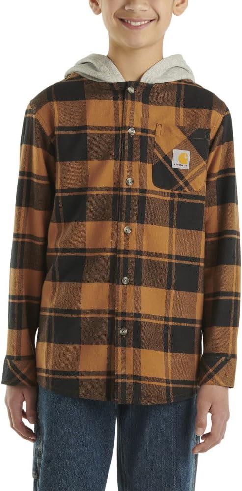 Carhartt Kid's CE8198 Long-Sleeve Flannel Button-Front Hooded Shirt - Boys - X-Large (18-20) - Carhartt Brown