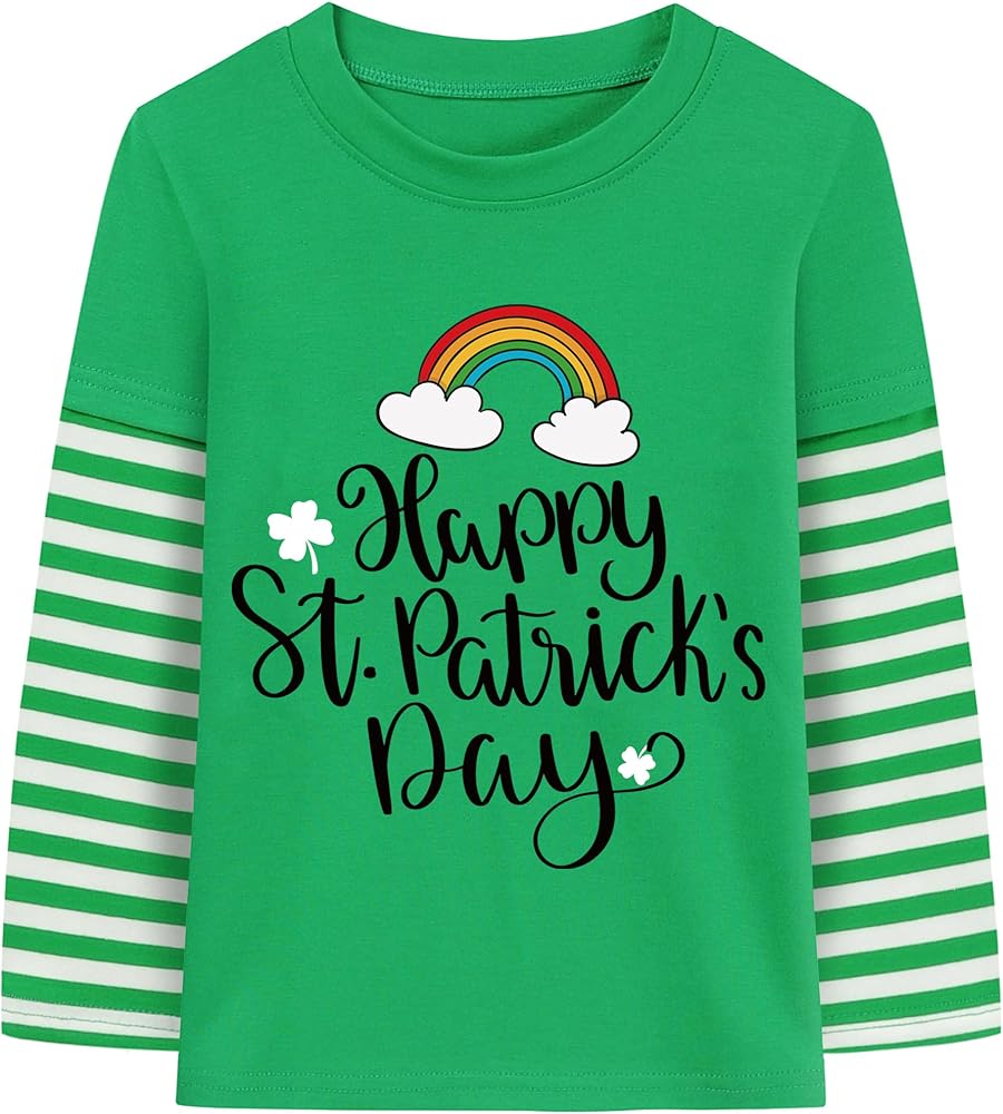 DDSOL Boy Shamrock T-Shirts Happy St Patricks Day Lucky Shamrock Clover Rainbow Shirt Irish Long Sleeve Striped Patchwork Unisex Kids Top Tee 4T