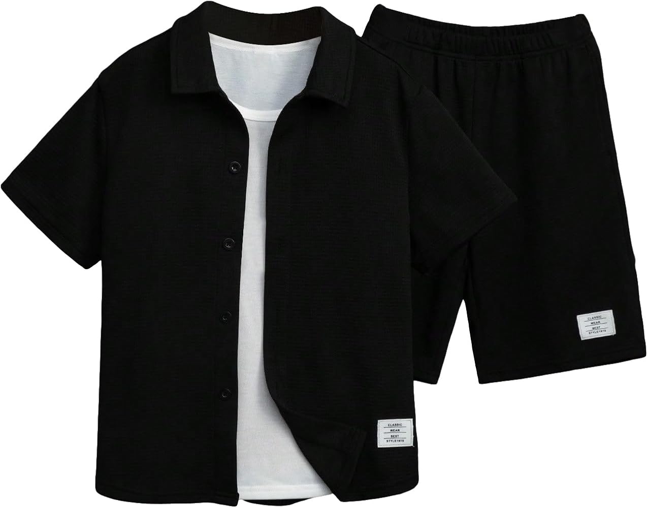 Verdusa Boy's 2 Piece Outfits Letter Graphic Button Front Shirt Tops and Track Shorts Sets