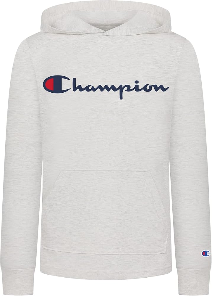 Champion Boys Long Sleeve Classic Hooded Tee Shirt Kids Clothes (Small, Oatmeal Heather Script)