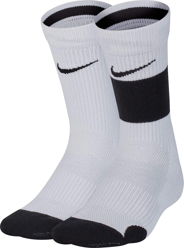 Nike Boy`s Elite Basketball Crew Socks 2 Pack (White(RN0289-001)/White, 5-7(Kids 10C-3Y))