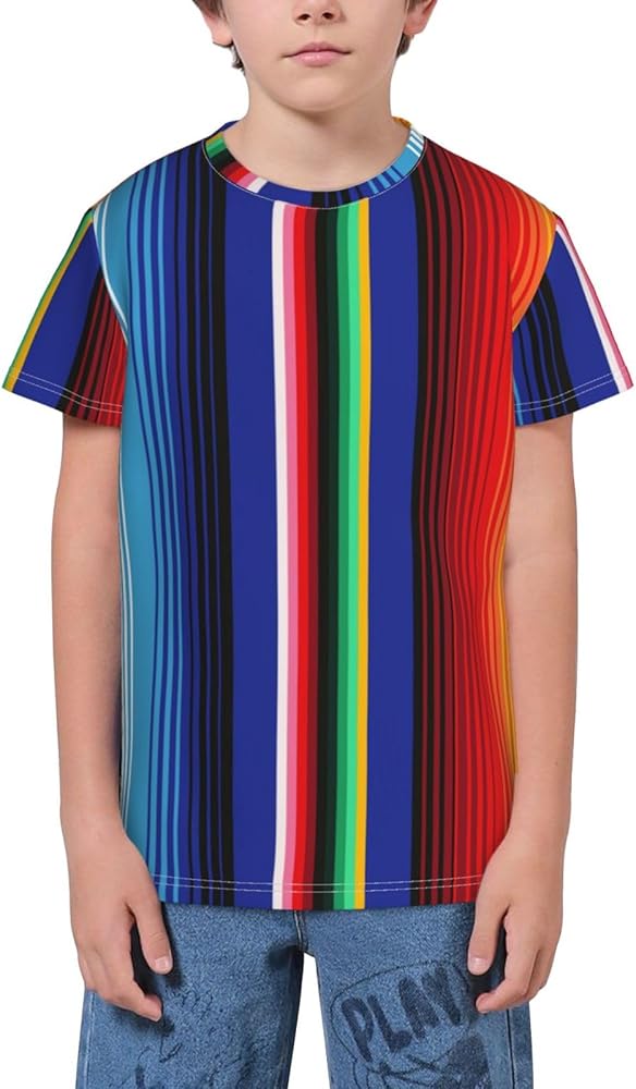 Blue Mexican Stripes Teen Boys Short Sleeve Crew Neck T-Shirt Casual Tee Tops for Youth Kids