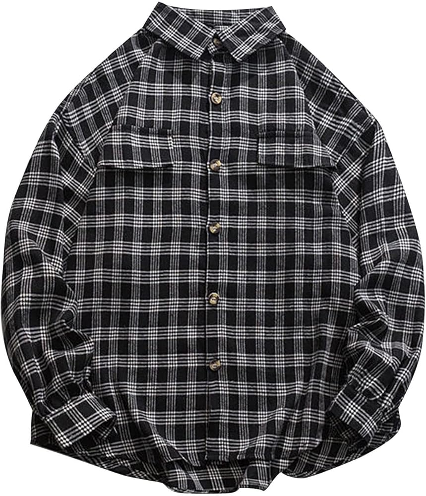 Vintage Plaid Graphic Tee Shirts for Men, Lapel Long Sleeve Button Down Shacket Jacket Classic Checkered Tops Teen Boys