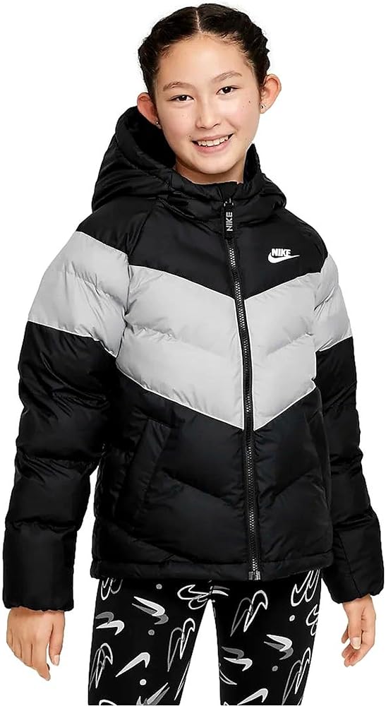 Nike Boy's NSW Synthetic Fill Hooded Jacket (Little Kids/Big Kids) Black/Light Smoke Grey/White MD (10-12 Big Kid)