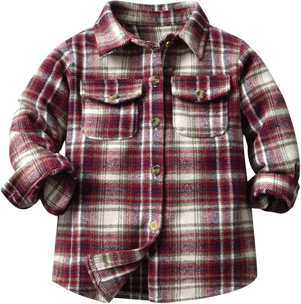 Kids Toddler Flannel Fleece Shirt Jacket Plaid Long Sleeve Lapel Button Down Baby Boys Girls Fall Boys Size 16