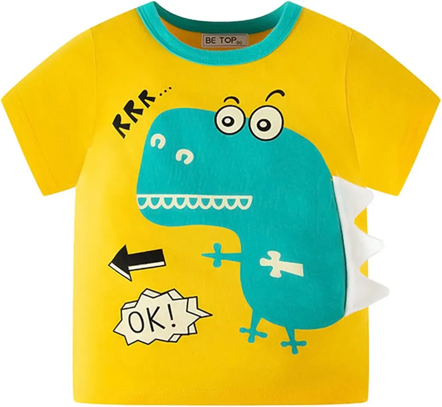 Toddler Boy Girl T Shirts Tank Tops Athletic Tee Shirt Top Summer Cartoon Dinosaur Short Sleeve Crewneck T Shirts (Yellow, 5-6 Years)