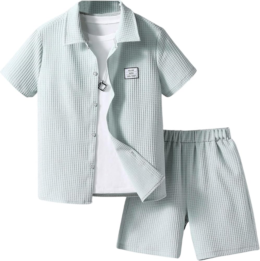 Verdusa Boy's 2 Piece Outfits Button Down Textured Shirt and Elastic Waist Shorts Sets