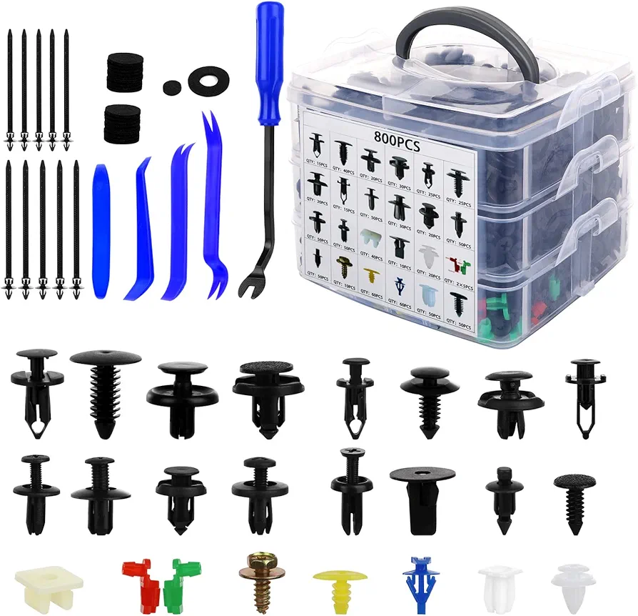 835 PCS Car Push Retainer Clips and Plastic Fasteners Kit - 24 Sizes Nylon Bumper Fender Clips Plastic Rivets with Fasteners Removal Tool for Toyota GM Ford Honda Acura Chrysler Blue