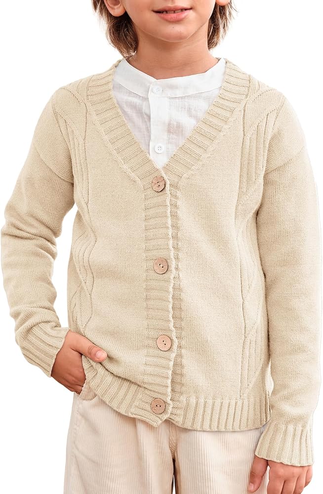 Haloumoning Boy's V Neck Cardigan Sweaters Kids Fashion Cable Knit Button Down Fall Winter Outerwear Coats