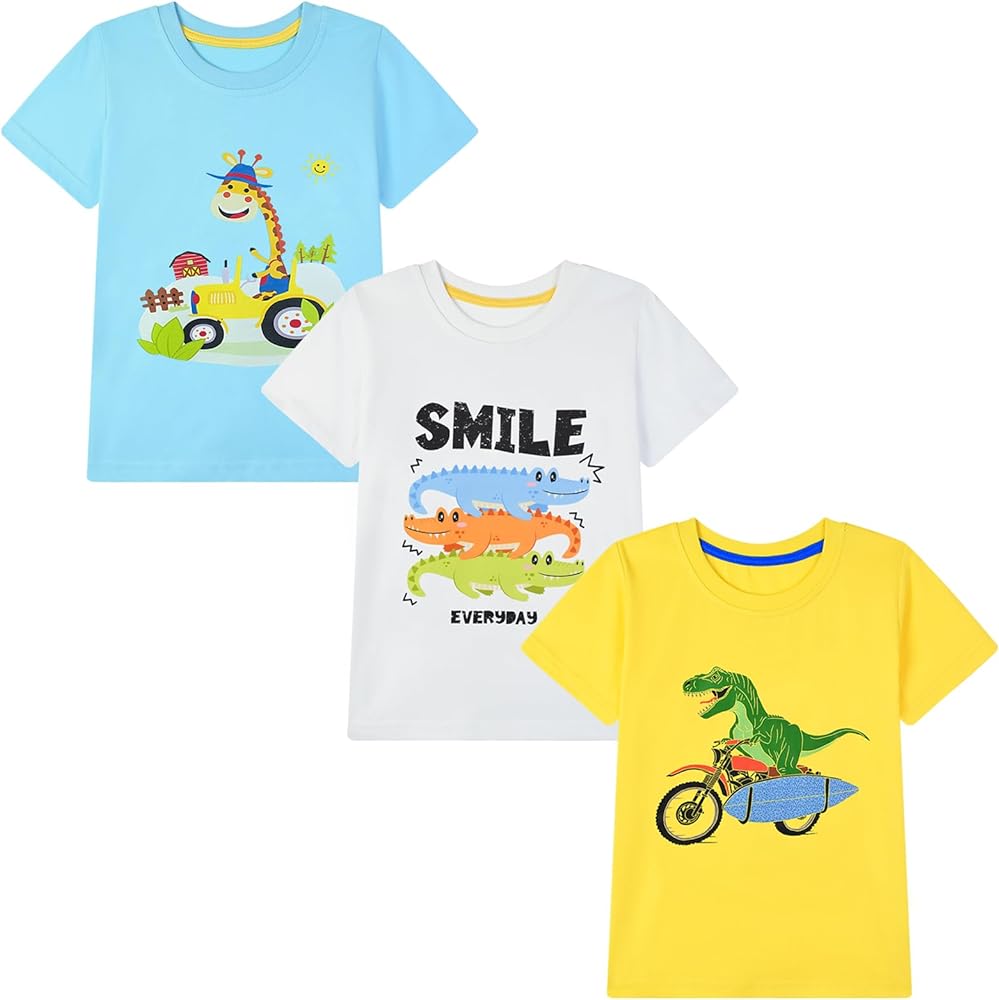 HILEELANG Toddler Boy Short Sleeve Tee Shirts Summer Cotton Casual Graphic Crewneck Tshirt Packs