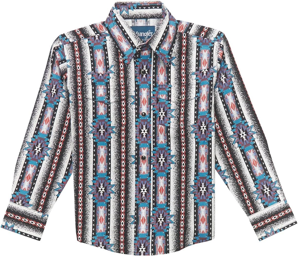 Wrangler Boys Checotah Black White Stripe Colorful Aztec Stripes Long Sleeve Shirt