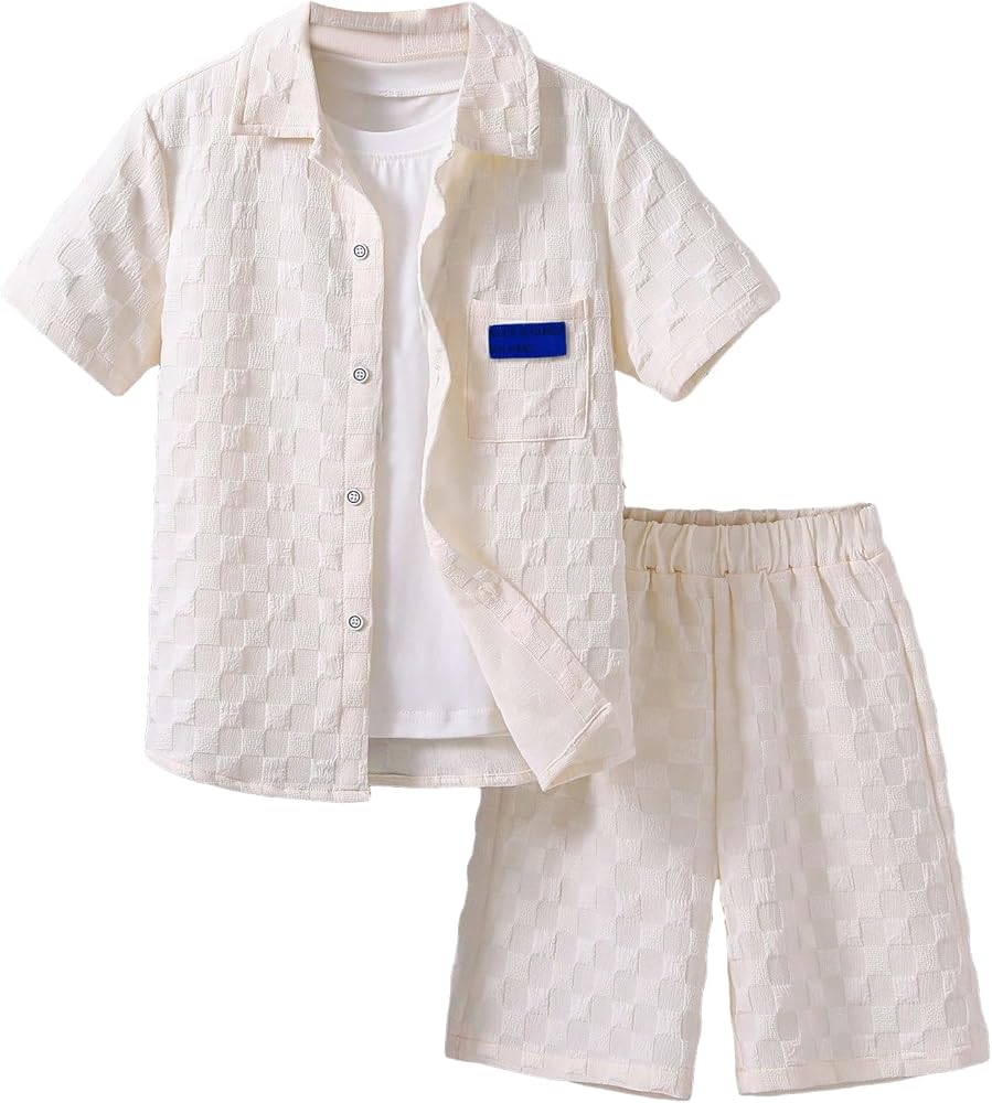 Verdusa Boy's 2 Piece Outfit Textured Letter Short Sleeve Shirt and Shorts Set