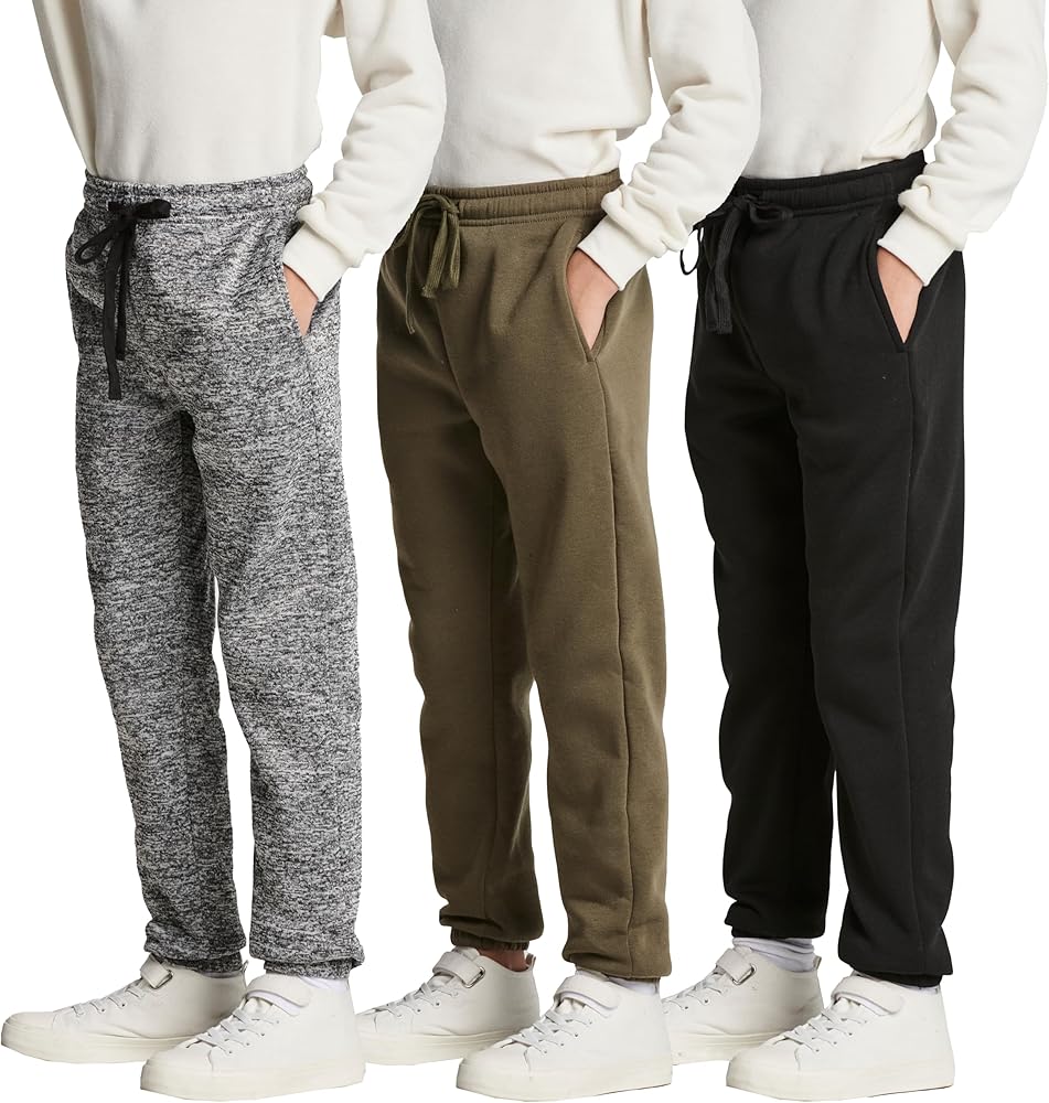 Real Essentials 3 Pack: Boys Tech Fleece Jogger Active Sweatpants with Pockets - Youth Soft Athletic Joggers (Size 6-24)