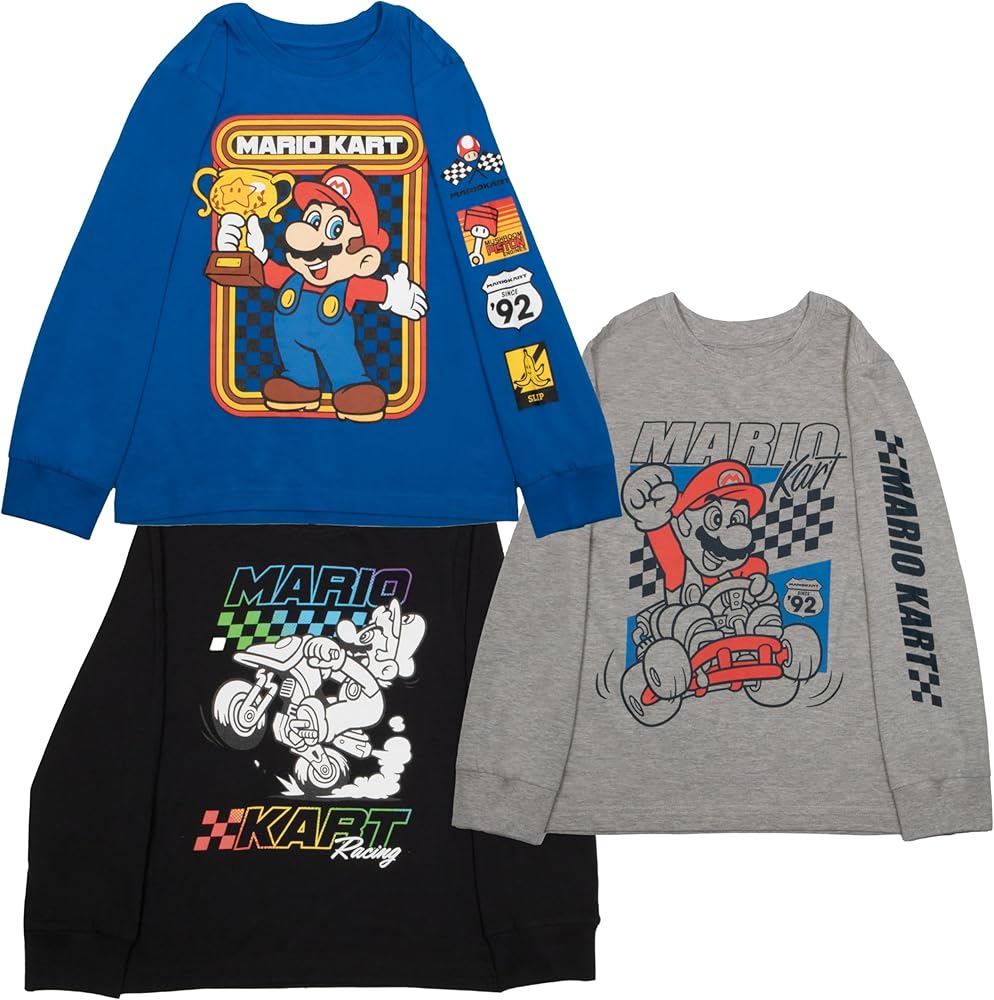 Nintendo Super Mario Kart Race Boys Long Sleeve T-Shirt, 3-Pack Bundle Set for Kids and Toddlers