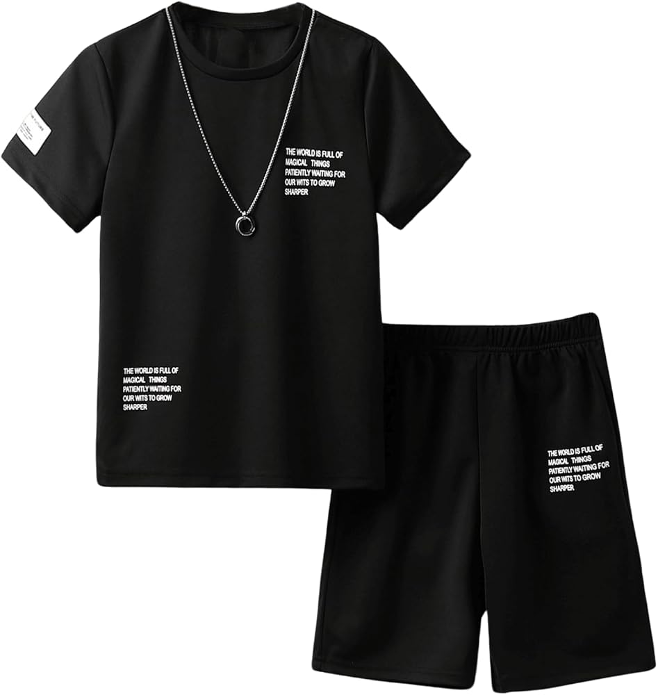 Boy's 2 Piece Outfits Letter Print Short Sleeve Crewneck T Shirt and Summer Track Shorts