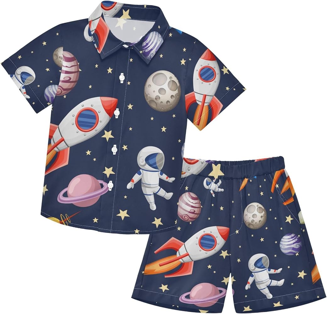 MCHIVER Space Galaxy Astronauts Boys Short Sleeve T-Shirt and Short Set Athletic Toddler Boy Outfits