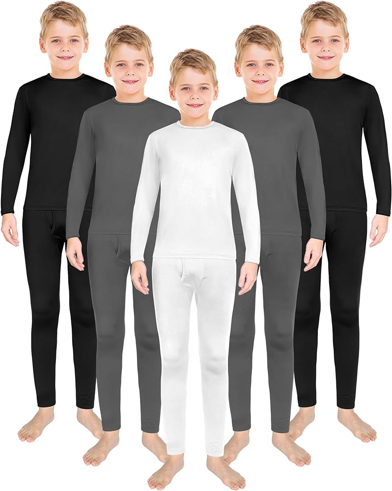 Silkfly 5 Set Boys Thermal Underwear Soft Fleece Lined Long Johns Kids Base Layer Top Bottom Warm Set for Winter Skiing