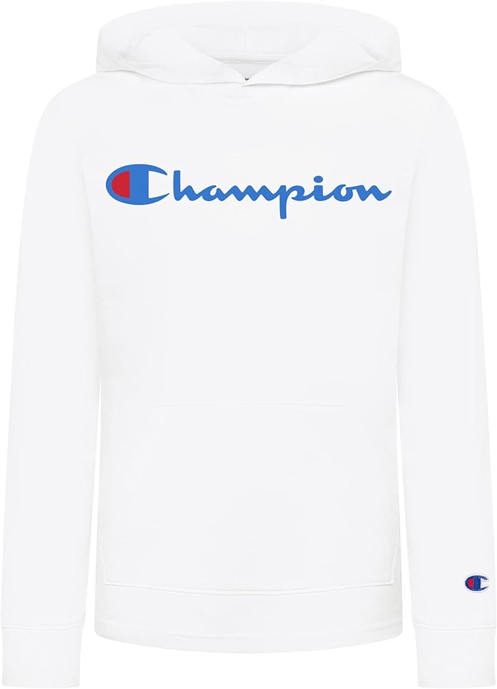 Champion Boys Long Sleeve Classic Hooded Tee Shirt Kids Clothes (Large, White Script)