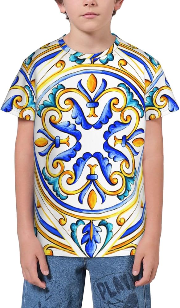 Italian Majolica Tiles Floral Teen Boys Short Sleeve Crew Neck T-Shirt Casual Tee Tops for Youth Kids