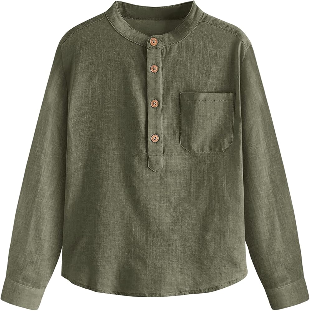 Inorin Boys Linen Shirt Button Up Henley Long Sleeve Dress Shirts Cotton Lightweight Tees Tops with One Pocket