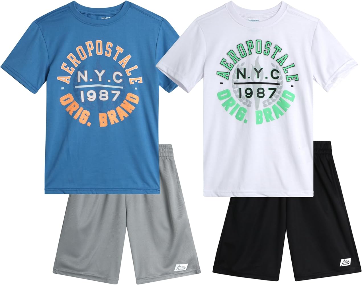 AEROPOSTALE Boys' Active Shorts Set - 4 Piece Short Sleeve T-Shirt and Mesh Gym Shorts - Activewear Outfit for Boys (4-12)