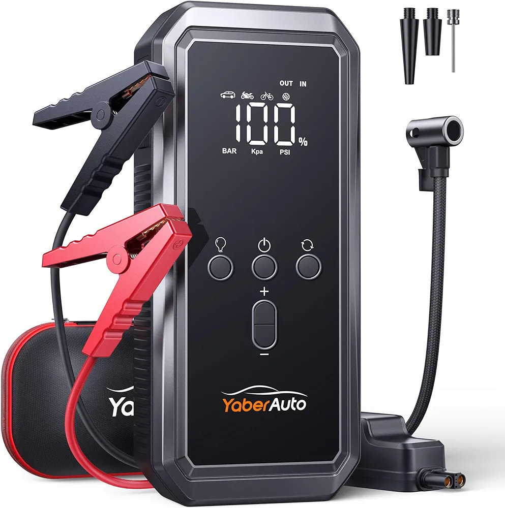 Portable Car Jump Starter with Air Compressor, YaberAuto 150PSI 3500A Car Battery Jump Starter (9.0 Gas/8.0L Diesel), 12V Jump Box Car Battery Jumper Starter with Large LCD Display, Lights