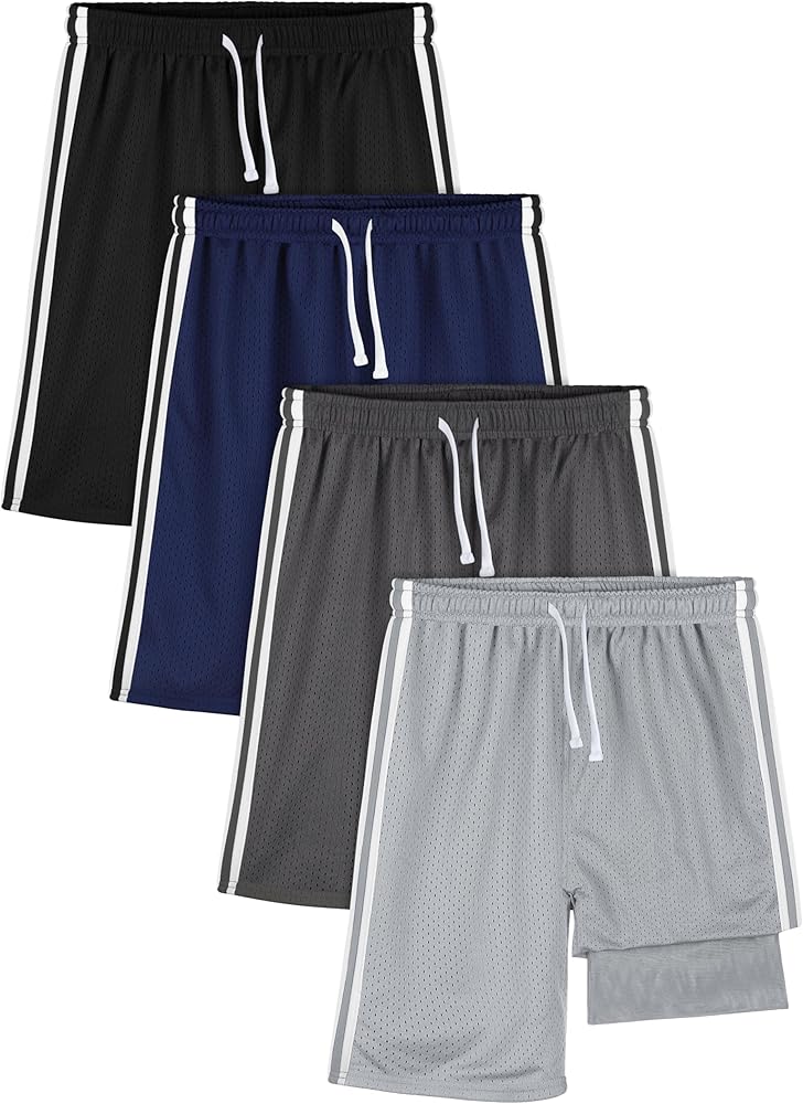 4 Pack Double Lined Boys Athletic Shorts Basketball Shorts Boys Shorts 2 in 1 Mesh Quick Dry Shorts for Summer