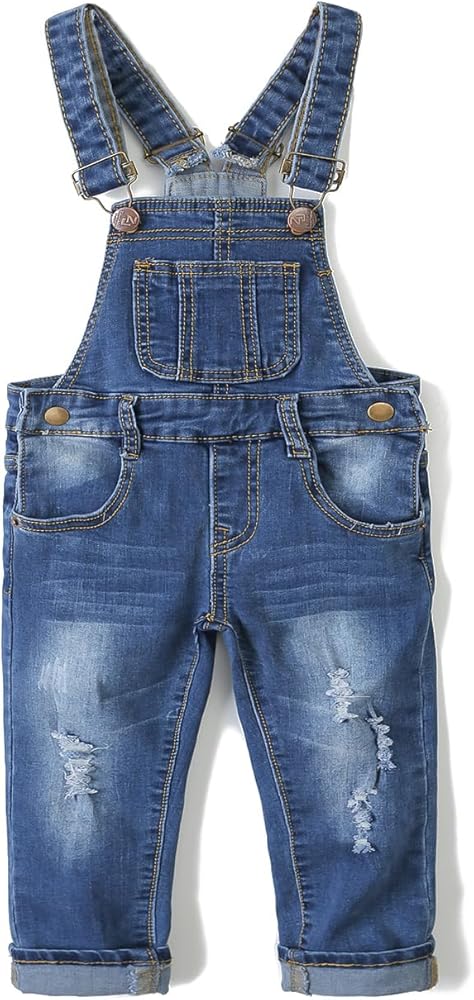 KIDSCOOL SPACE Little Girl Boy Jean Overalls,Toddler Ripped Denim Overall Pants