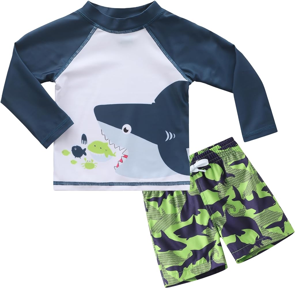 Baby Boys Rash Guard Set Long Sleeve Swim Set for Toddler Boys Two Piece Bathing Suits with Swim Trunks