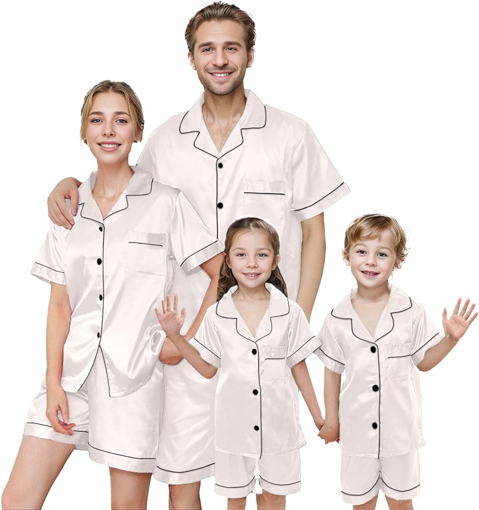 IFFEI Matching Family Silk Pajamas Set Satin Button Down Loungewear 2 Piece Top and Shorts Pjs for Couples with Pocket