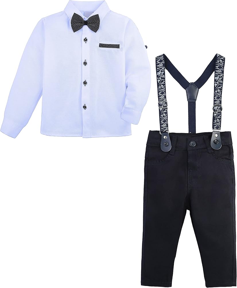 Lilax Boy Suspender Outfit Tuxedo Gentleman Dress Shirt, Bowtie Pant 4 Piece Set