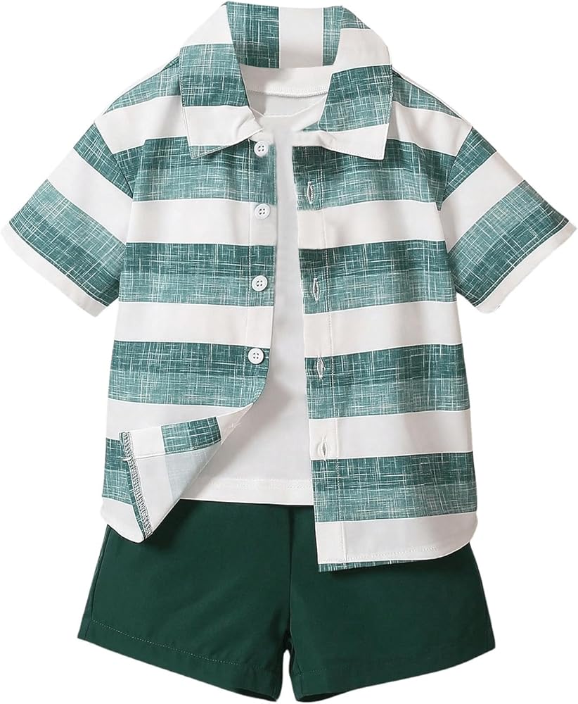 Boy's 2 Piece Outfits Striped Colorblock Short Sleeve Button Front Shirt and Shorts Set