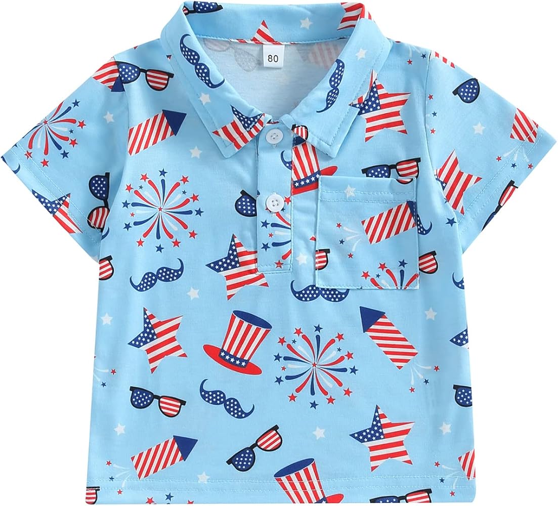 Toddler Boys Short Sleeve Button Down Shirt 4th of July Summer Flag Print Top Button Up Lapel Tee Shirt with Pockets