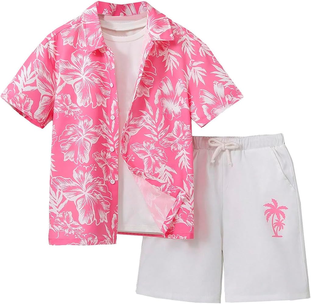 Verdusa Boy's Tropical Print 2 Piece Outfit Collar Button Front Shirt and Shorts Set