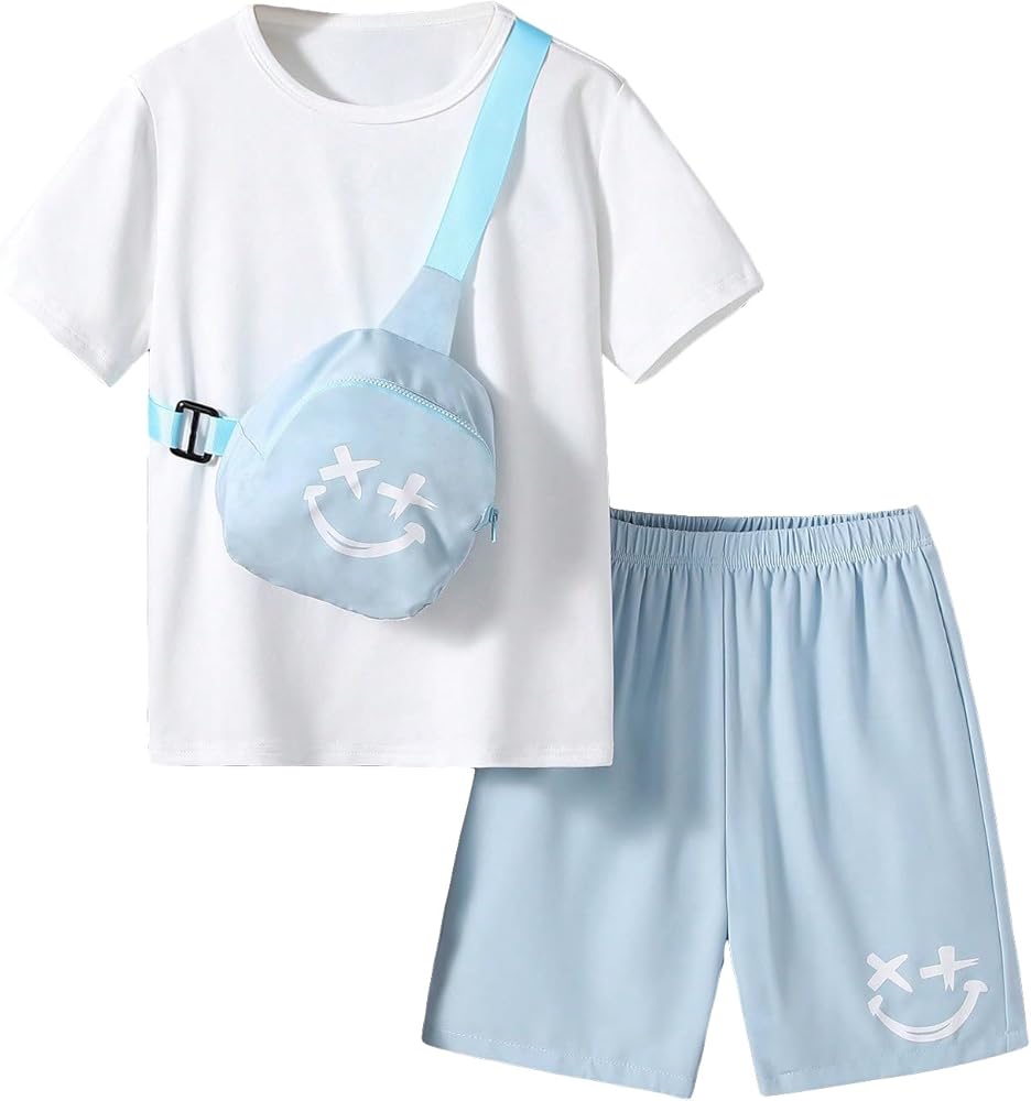 Boy's 3 Piece Cartoon Graphic Short Sleeve Round Neck Pullover Tee Top and Track Shorts with Bag Sets