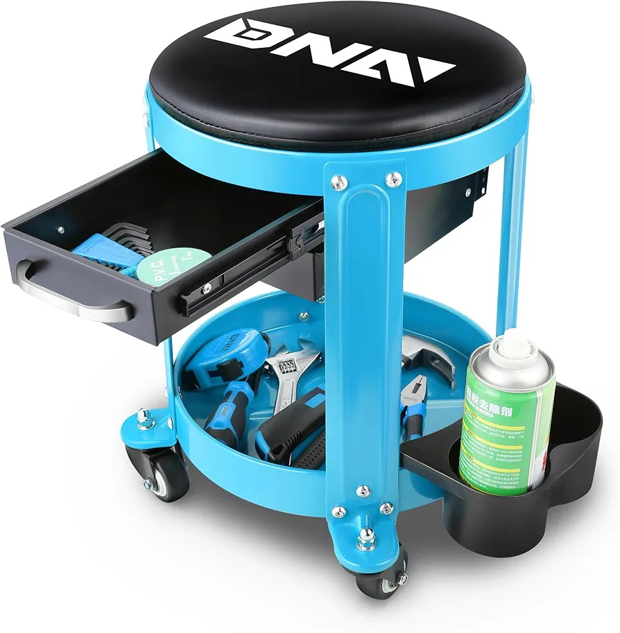 DNA MOTORING Round Mechanics Roller Seat Creeper Stool with Padded Cushion, Tool Storage Drawer & Tray, 300 Lbs Max Weight Capacity, Blue, TOOLS-00492